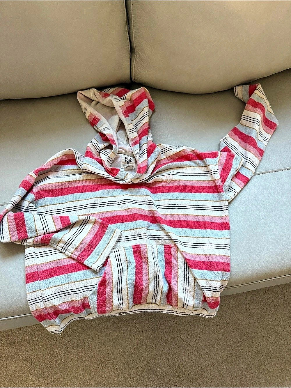 Billabong Striped Pullover Hoodie in Pink & White Size Medium